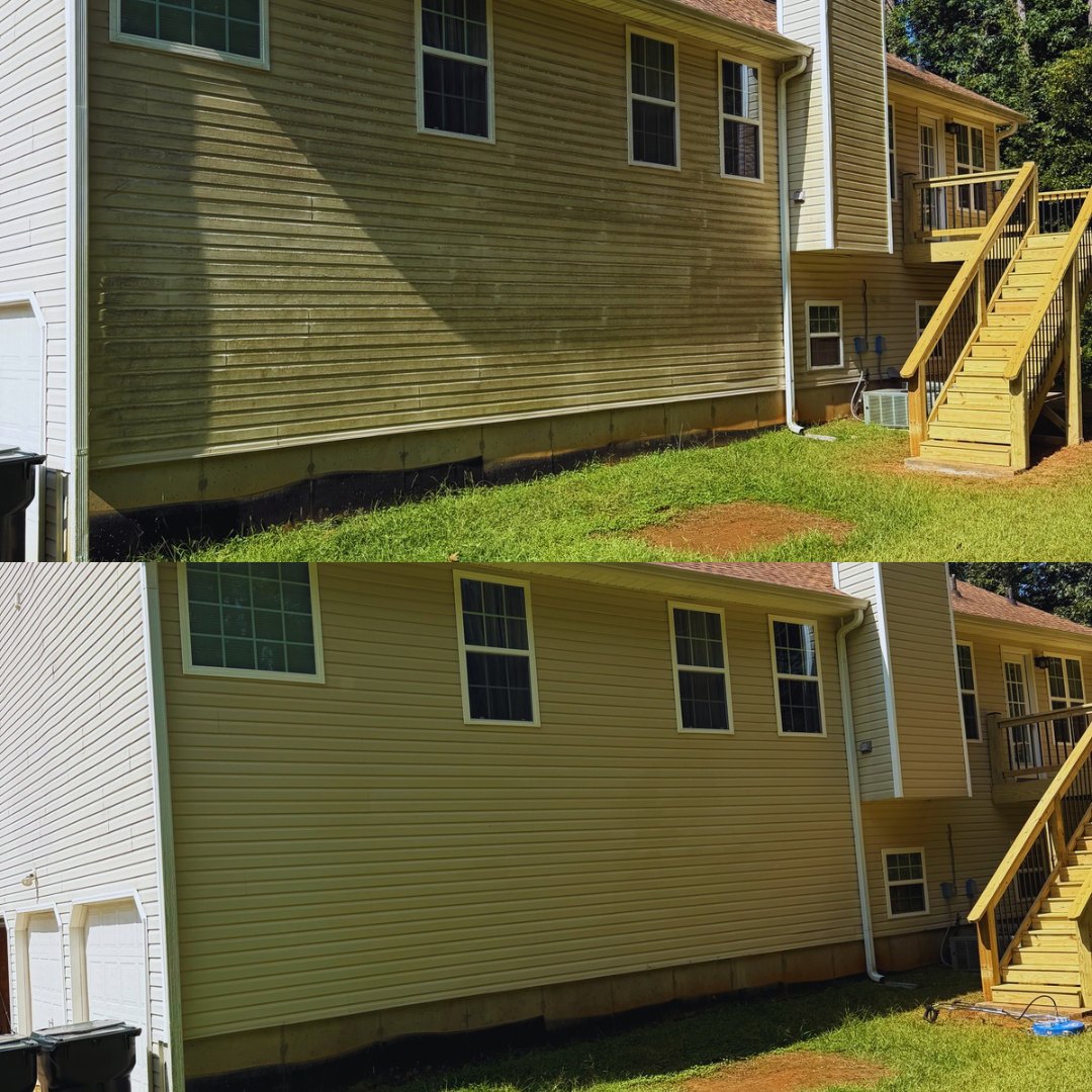 Before and after house washing on tan vinyl siding by KM Property Restorations in metro Atlanta