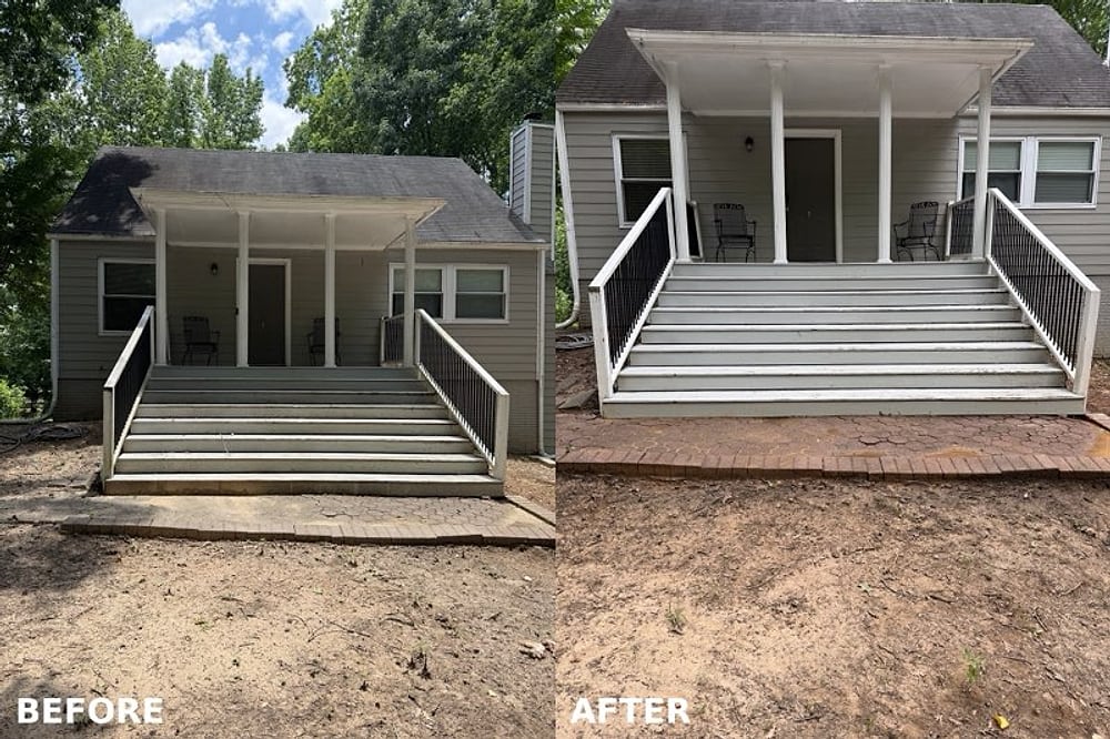 Before and after: a weathered porch and steps pressure-washed back to clean white by KM Property Restorations