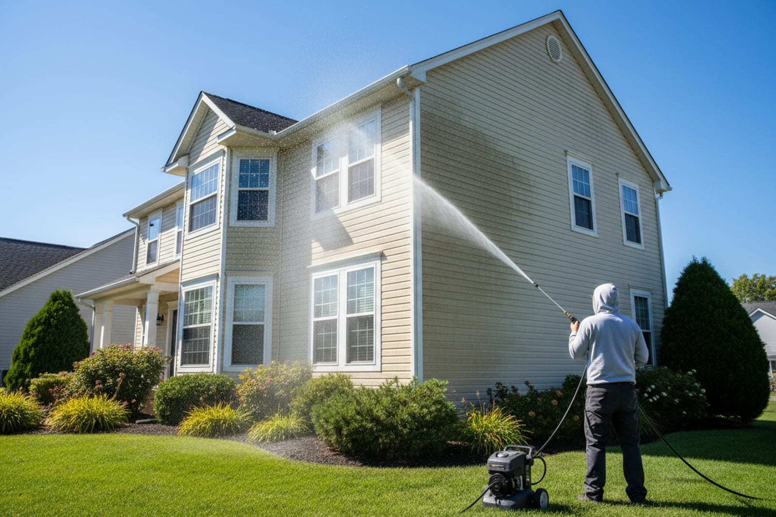 A KM Property Restorations technician soft-washing the siding of a two-story Atlanta home under a clear blue sky
