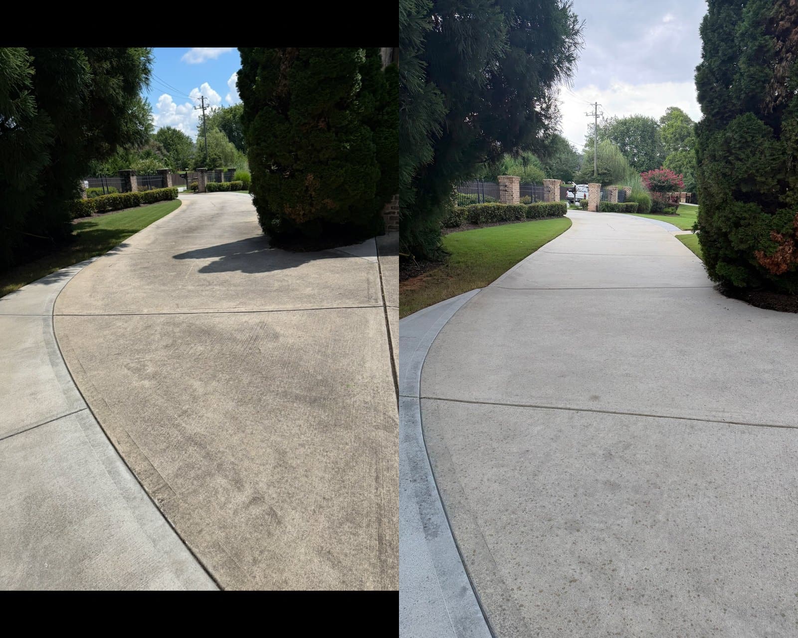 Before and after concrete driveway pressure washing by KM Property Restorations in metro Atlanta