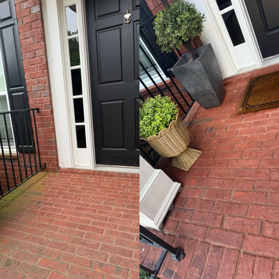Before and after soft washing a brick front porch and entry by KM Property Restorations in Marietta