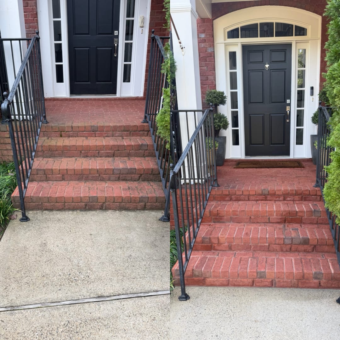 Before and after cleaning brick front steps and iron railings by KM Property Restorations in Marietta