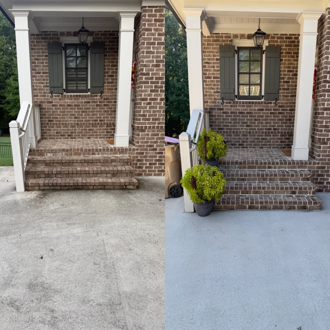 Before and after cleaning brick front steps and porch by KM Property Restorations in Marietta