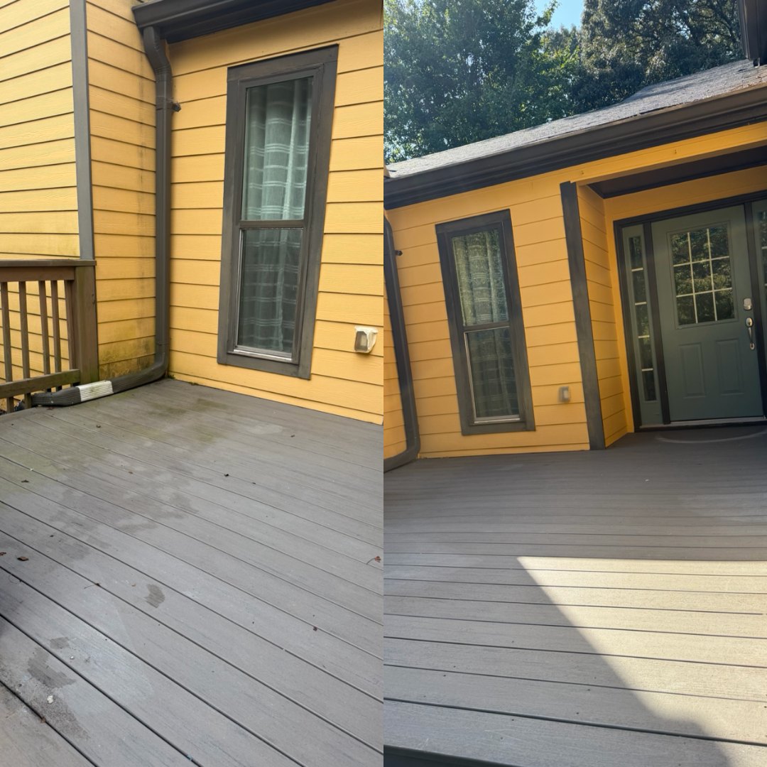 Before and after cleaning a composite deck and downspout wall by KM Property Restorations in Marietta