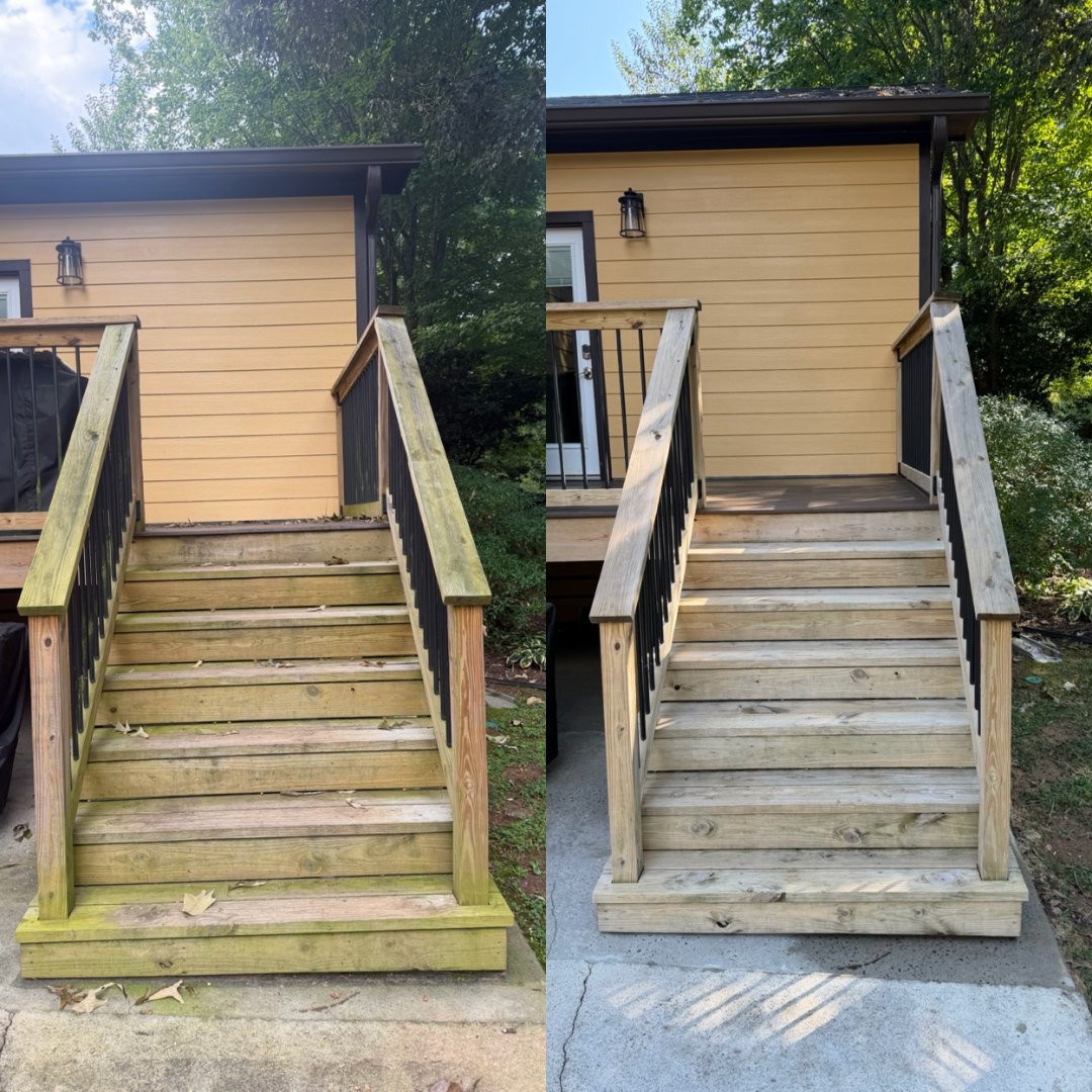 Before and after cleaning wood deck stairs and railing by KM Property Restorations in Marietta