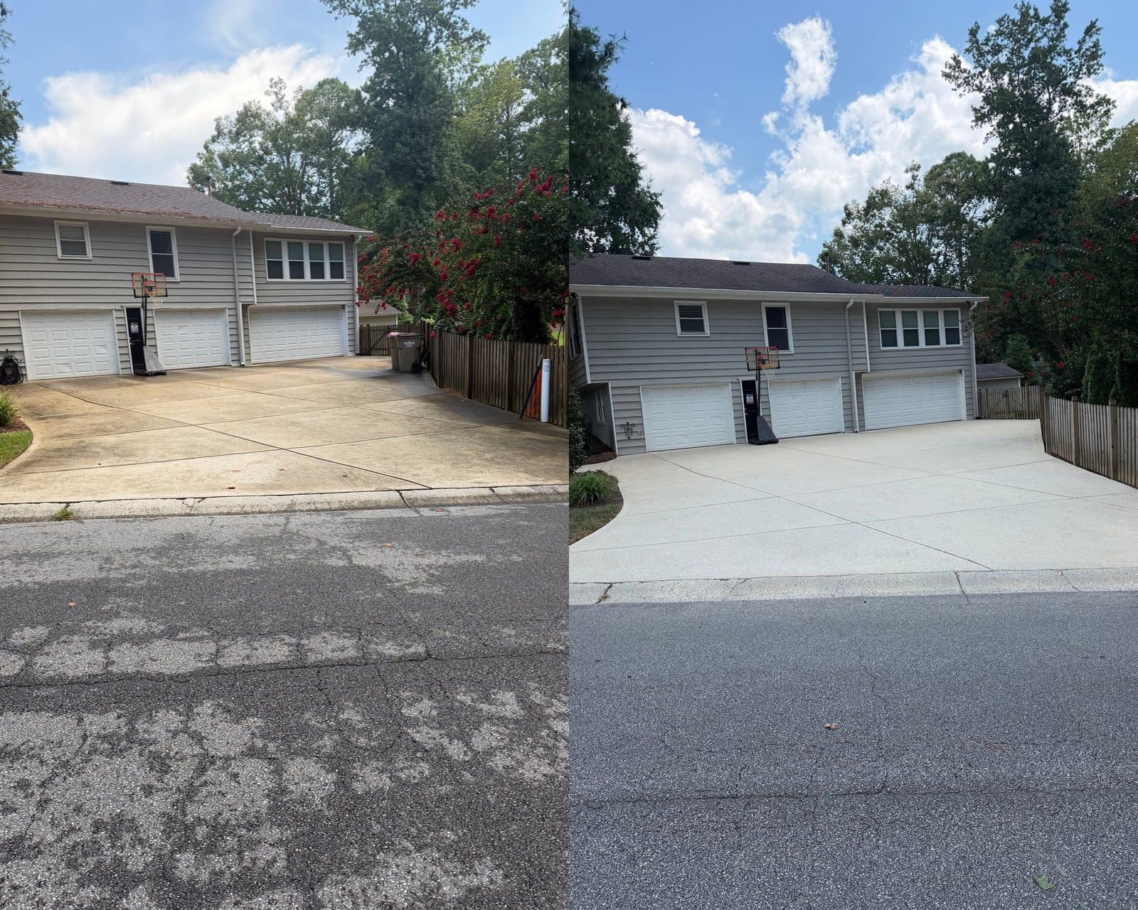 Before and after pressure washing a three-car driveway by KM Property Restorations in Marietta