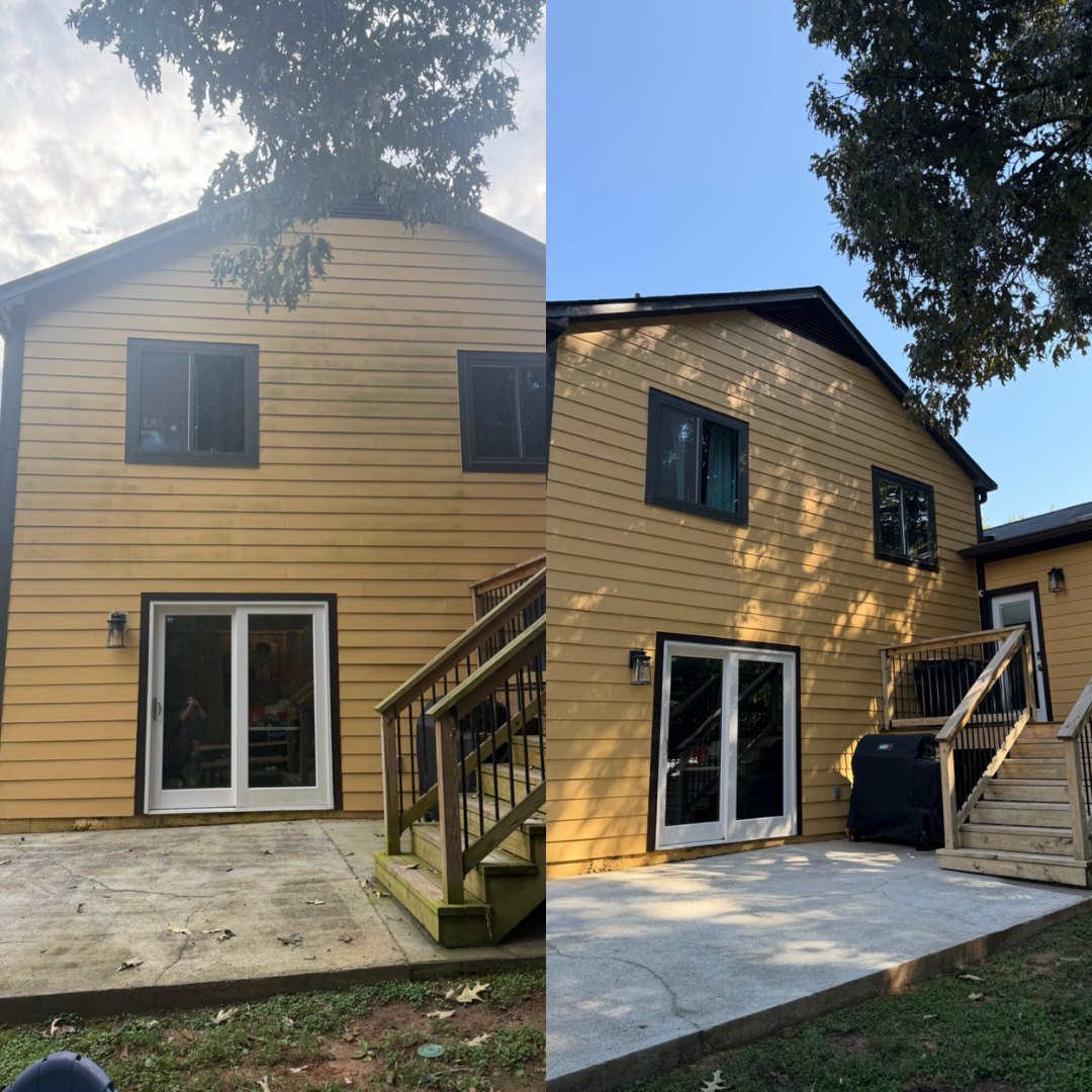 Before and after soft washing the back of a yellow house and pressure washing the patio by KM Property Restorations in Marietta