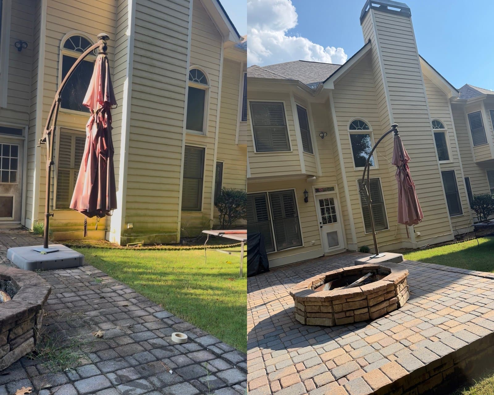 Before and after a house wash and paver patio cleaning by KM Property Restorations in Marietta