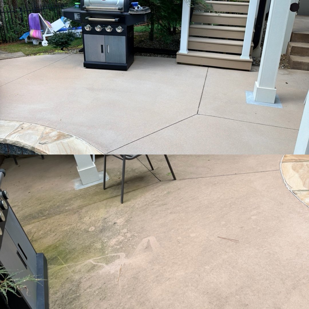 Before and after pressure washing a back patio by KM Property Restorations in Marietta