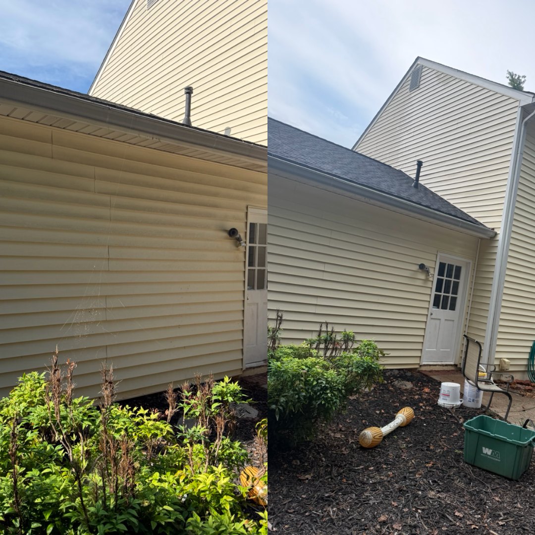 Before and after soft washing a side wall, side door and garden bed by KM Property Restorations in Marietta