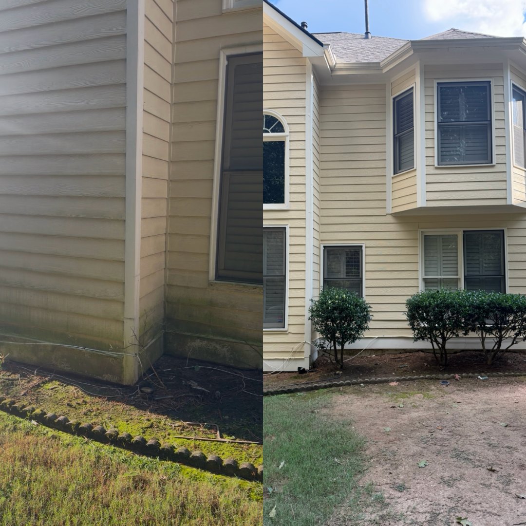 Before and after soft washing a siding corner and trim by KM Property Restorations in Marietta