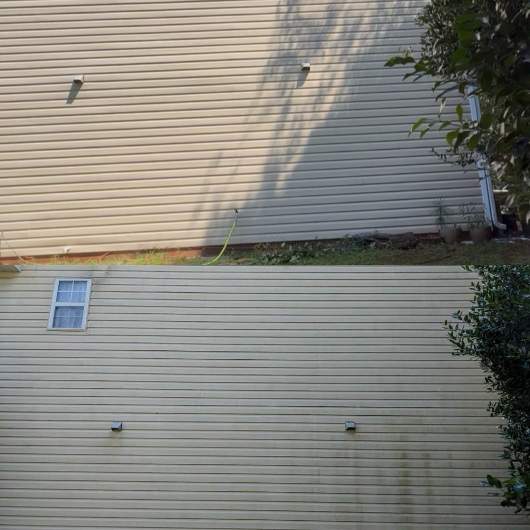 Before and after soft washing algae off siding by KM Property Restorations in Marietta