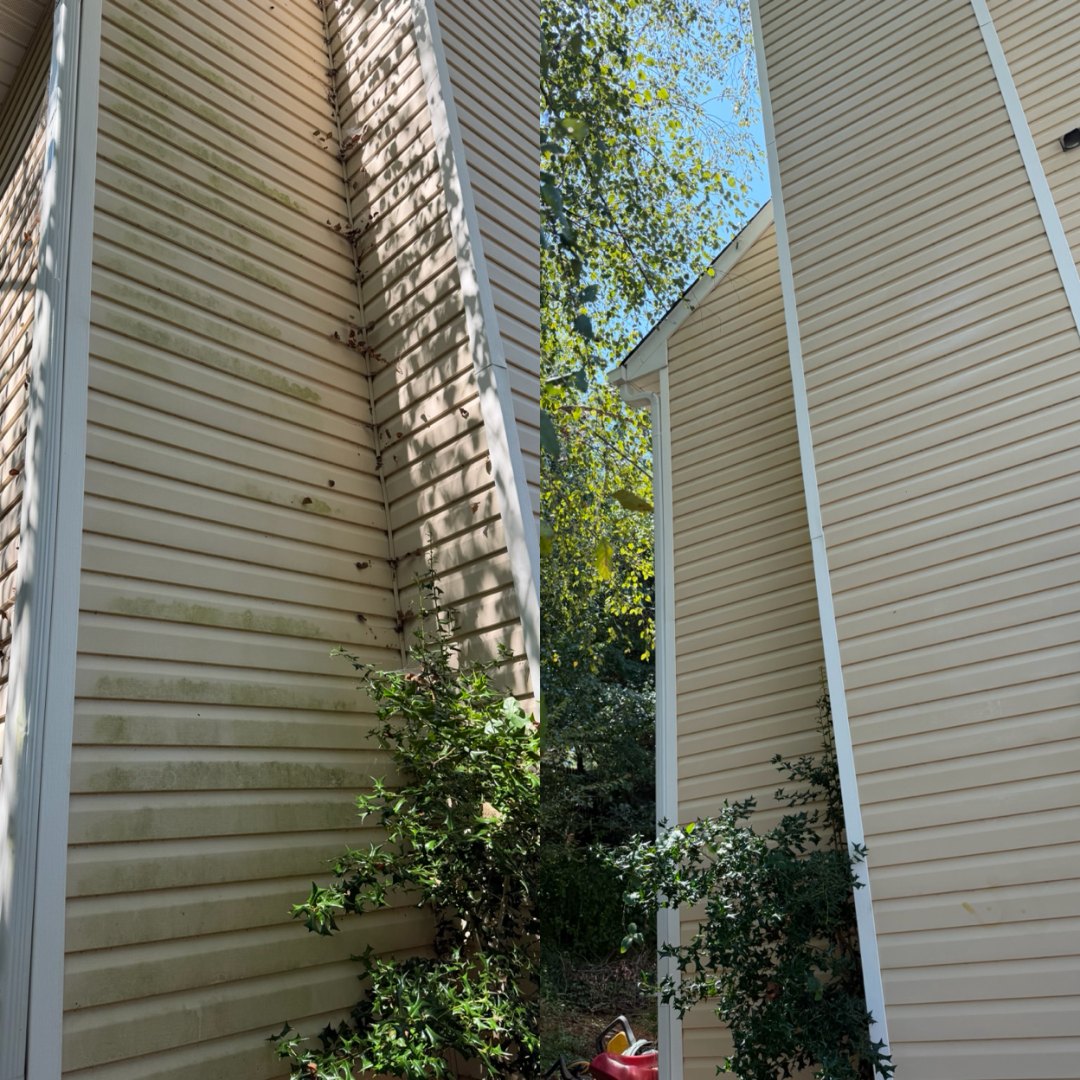 Before and after soft washing green algae off siding by KM Property Restorations in Marietta