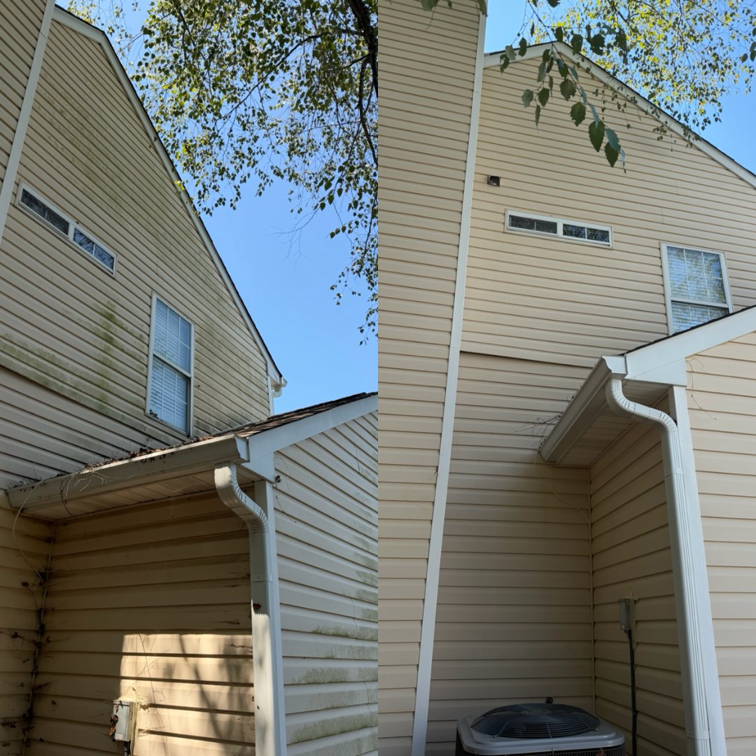Before and after soft washing tan vinyl siding by KM Property Restorations in Marietta
