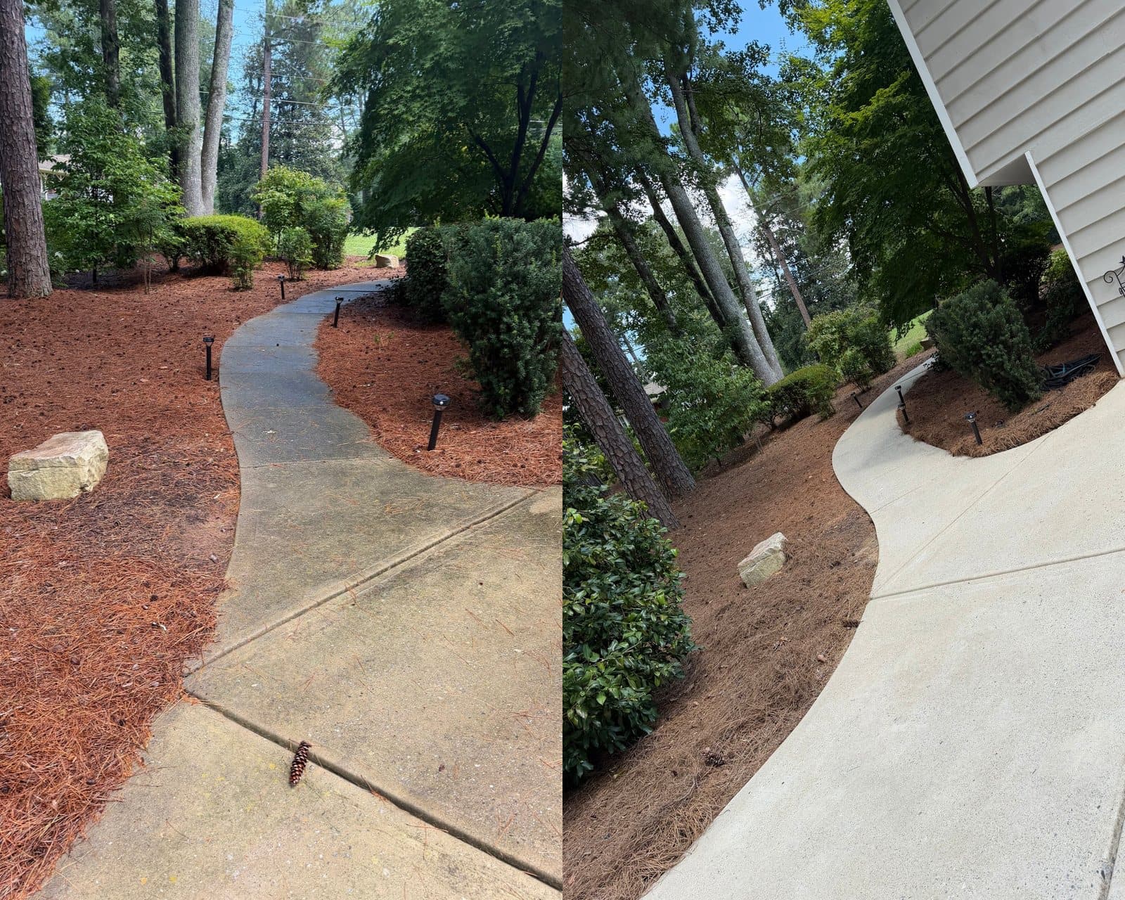 Before and after cleaning a curved concrete walkway by KM Property Restorations in Marietta