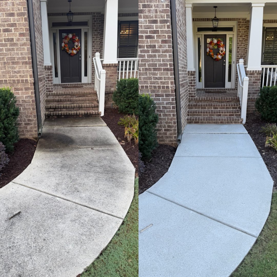 Before and after cleaning a brick home front entry walkway by KM Property Restorations in Marietta