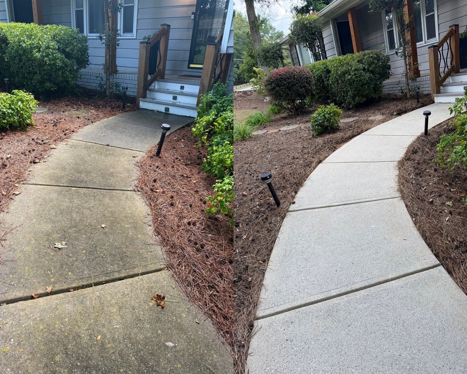 Before and after cleaning a front walkway by KM Property Restorations in Marietta
