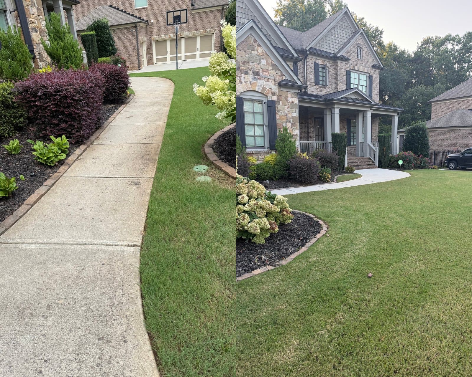 Before and after pressure washing a front walkway and driveway apron by KM Property Restorations in Marietta