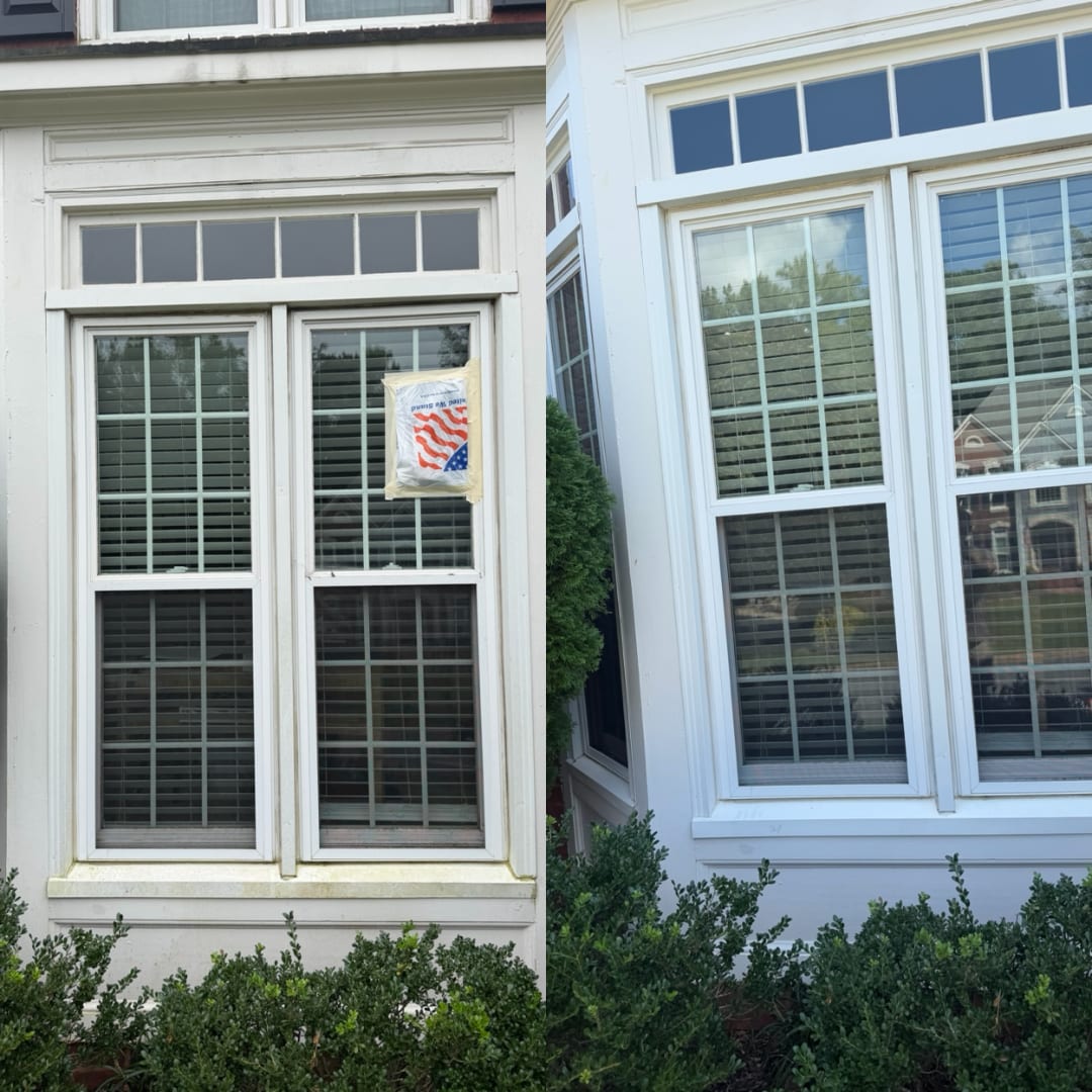 Before and after soft washing windows and trim on cream siding by KM Property Restorations in Marietta
